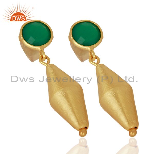 Exporter 24K Matte Gold Plated Sterling Silver Green Onyx Designer Dangle Earrings