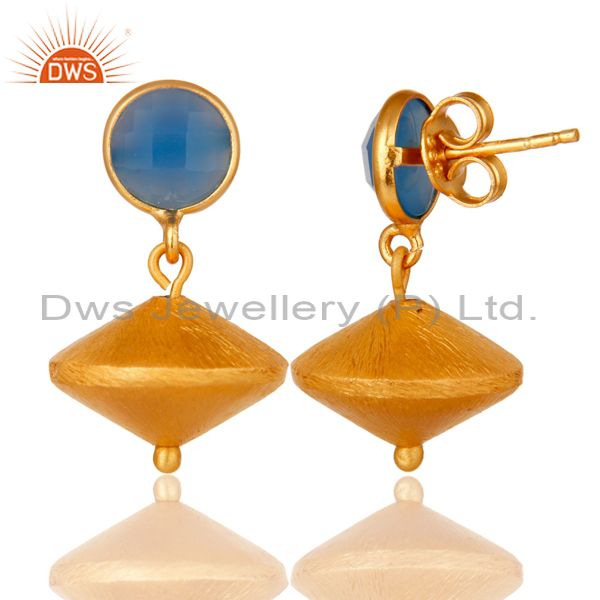 Exporter 24K Yellow Gold Plated Sterling Silver Matte Blue Chalcedony Dangle Earrings
