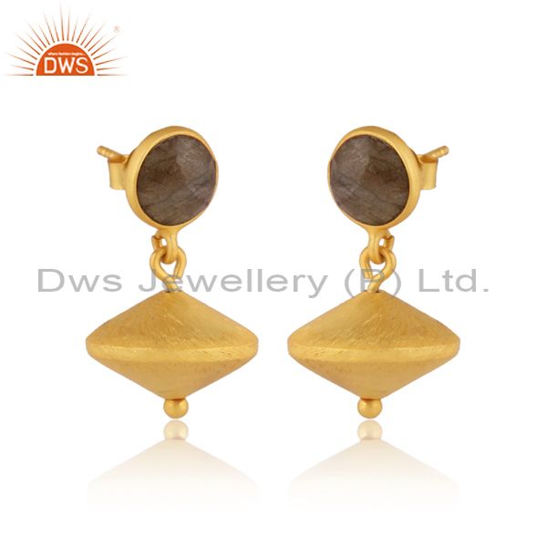 Exporter Labradorite 24K Yellow Gold Plated Sterling Silver Matte Dangle Earrings