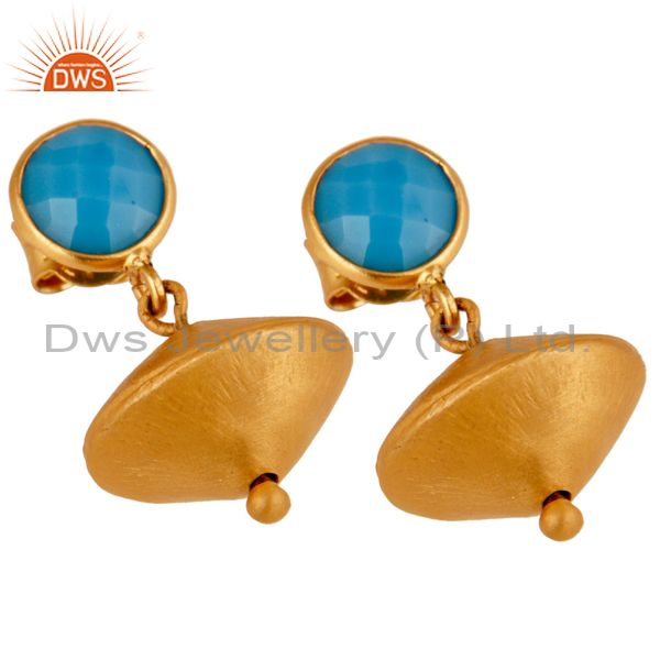 Exporter Turquoise Cultured 24K Yellow Gold Plated Sterling Silver Matte Dangle Earrings