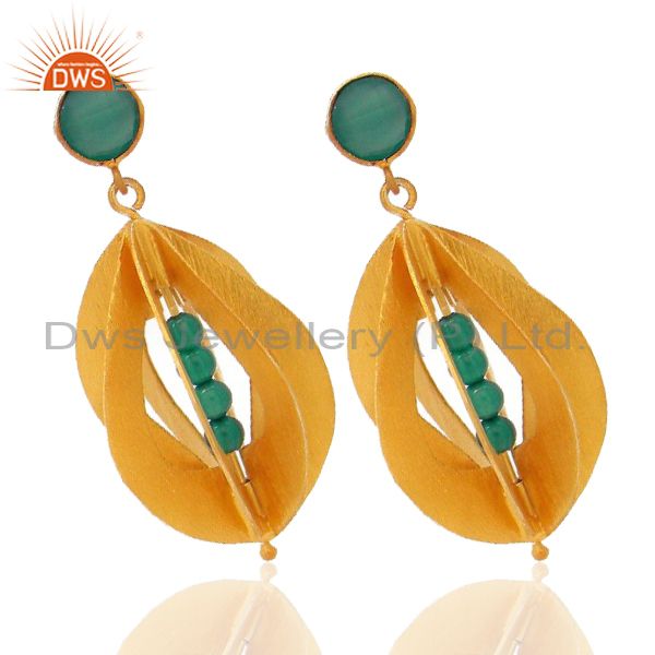 Exporter 18K Yellow Gold Plated Sterling Silver Green Onyx Designer Earrings