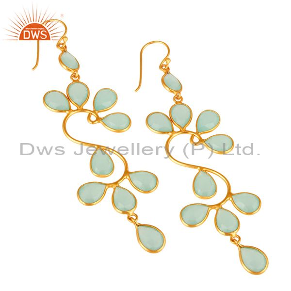 Exporter Created Aqua Blue Chalcedony Handmade Sterling Silver Earrings With Gold Plated