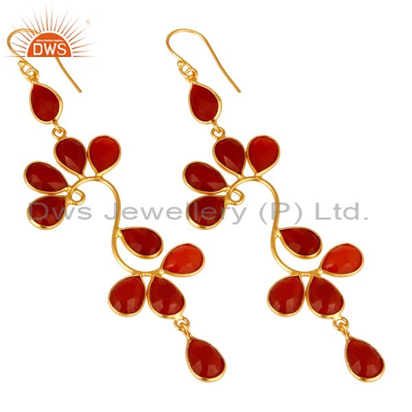 Exporter 22K Yellow Gold Plated Sterling Silver Red Onyx Gemstone Dangle Earrings