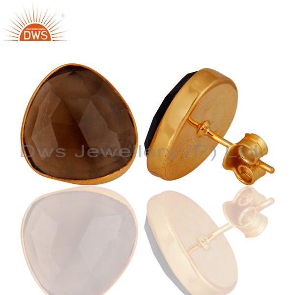 Exporter 18K Yellow Gold Plated Sterling Silver Smoky Quartz Womens Stud Earrings