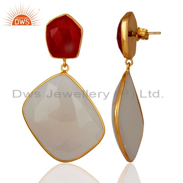 Exporter 18K Gold Plated Sterling Silver Chalcedony And Red Aventurine Dangle Earrings