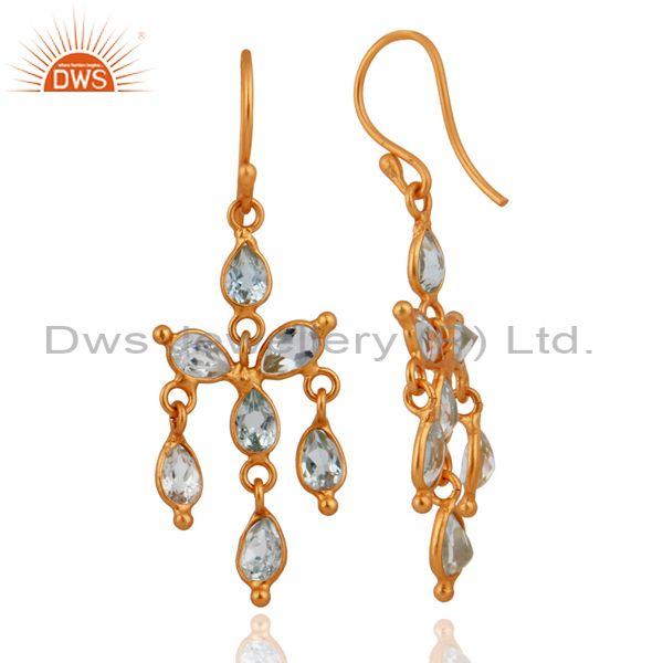 Exporter 925 Sterling Silver Blue Topaz Chandelier Earrings Jewelry 24-Karat Gold Plated