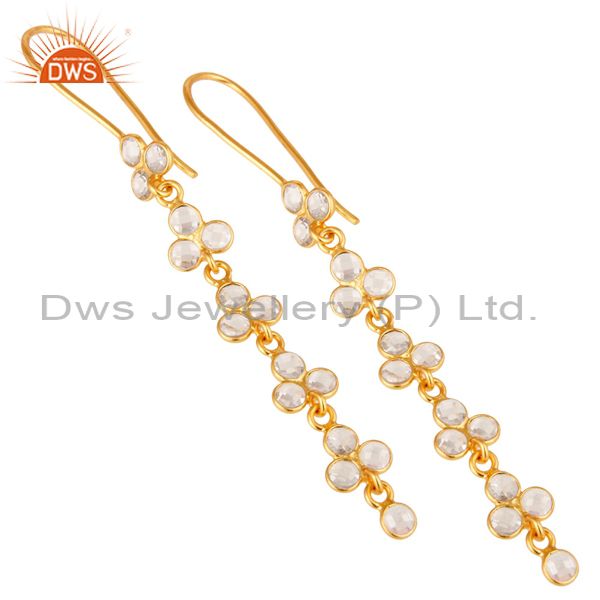 Exporter Handmade 925 Sterling Silver White Zircon Gemstone Gold Plated Dangle Earrings