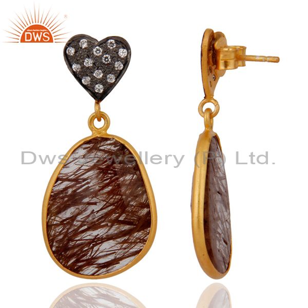 Exporter 18k Gold Plated 925 Sterling Silver Rutilated Quartz Earring With Cubic Zirconia