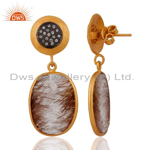 Exporter 18ct Gold Plated on 925 Sterling Silver Rutilated Quartz & CZ Dangle Earrings