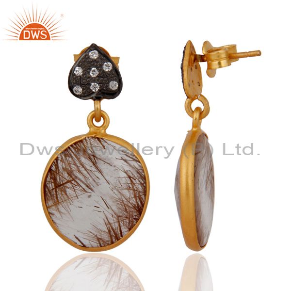 Exporter Gorgeous Rutilated Quartz Faceted Gemstone and White Zircon Dangle Earrings