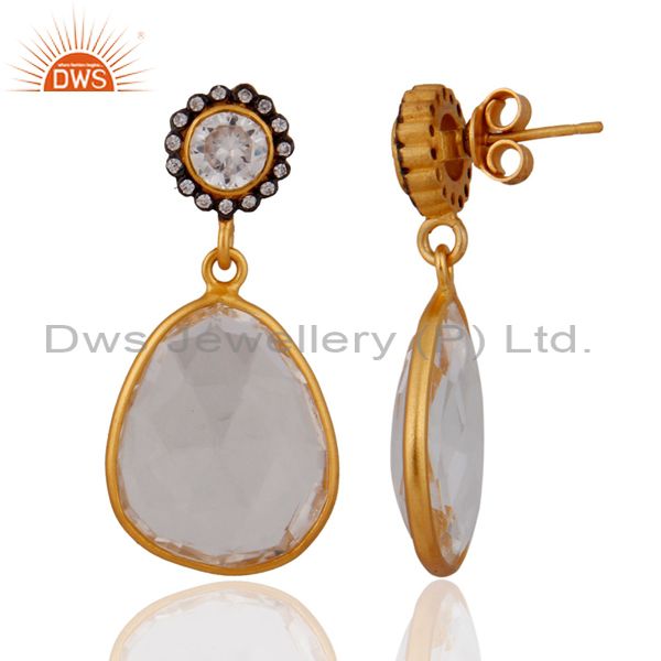 Exporter Gold Plated 925 Sterling Silver Crystal Quartz Dangle Earrings With White Zircon