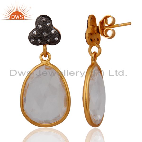 Exporter Natural Clear Quartz Crystal Dangle Earring in Gold Plated On Sterling Silver