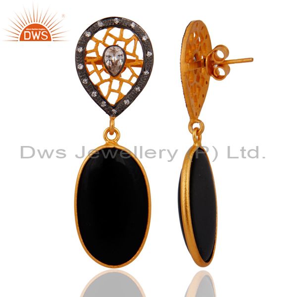 Exporter 925 Sterling SIlver White Zircon & Black Onyx Gemstone Earring With Gold Plated