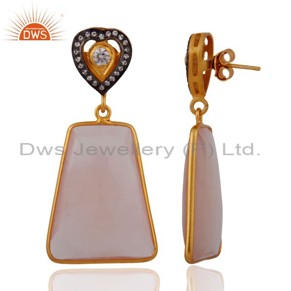 Exporter Natural Chalcedony Faceted Gemstone Bezel Drop Earring in Gold Plated on Silver