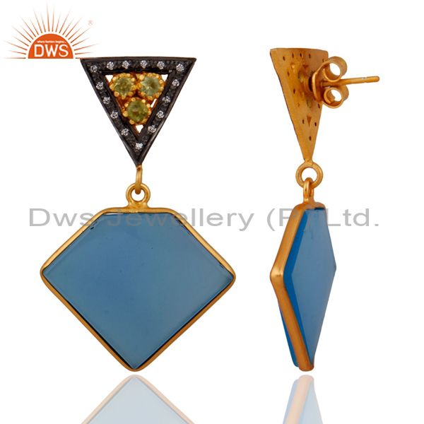 Exporter Natural Peridot 925 Sterling Silver Blue Chalcedony Earring 18k Gold Plated