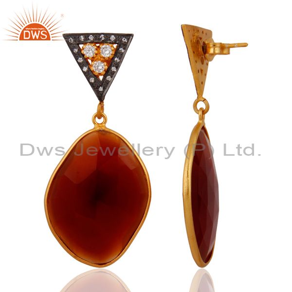 Exporter 18k Gold Over Sterling Silver Red Onyx Faceted Gemstone Pave CZ Dangle Earring