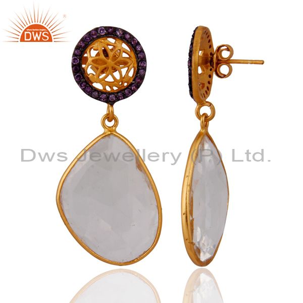Exporter Sterling Silver Natural Amethyst Set Crystal Quartz Earring With Gold Plated