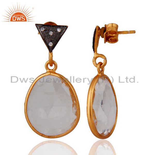 Exporter Natural Crystal Quartz Bezel Set Earrings in Gold Plated On 925 Sterling Silver
