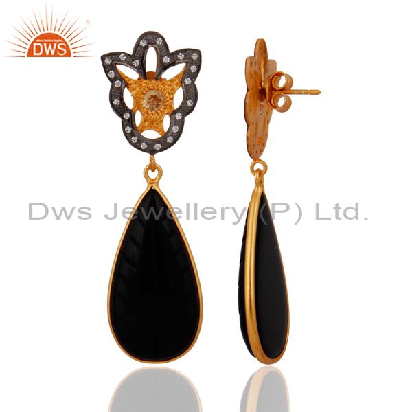 Exporter Carving Black Onyx Gemstone Citrine Sterling SIlver Designer Pave CZ Earrings