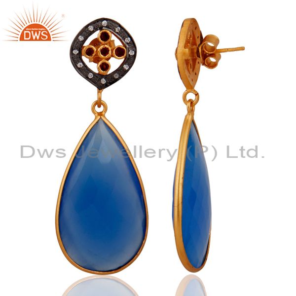 Exporter Blue Chalcedony Gemstone Yellow Gold Plated Sterling Silver Garnet Drop Earring