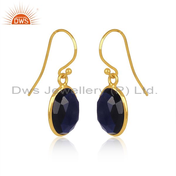 Exporter 18K Gold Plated Sterling Silver Sapphire Blue Corundum Bezel Set Dangle Earrings