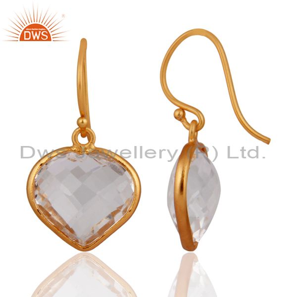 Exporter Gold Plated Sterling Silver Crystal Quartz Heart Gemstone Bezel Dangle Earring