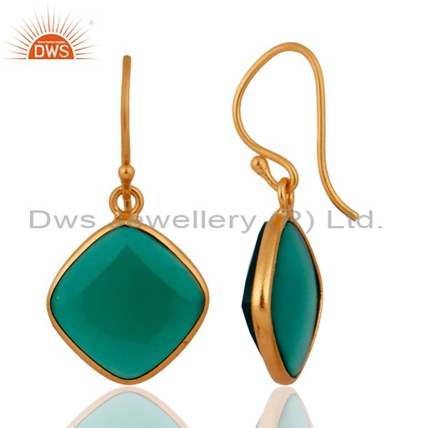 Exporter 925 Sterling Silver Green Onyx Gemstone 24k Gold Vermei Bezel Setl Hook Earrings