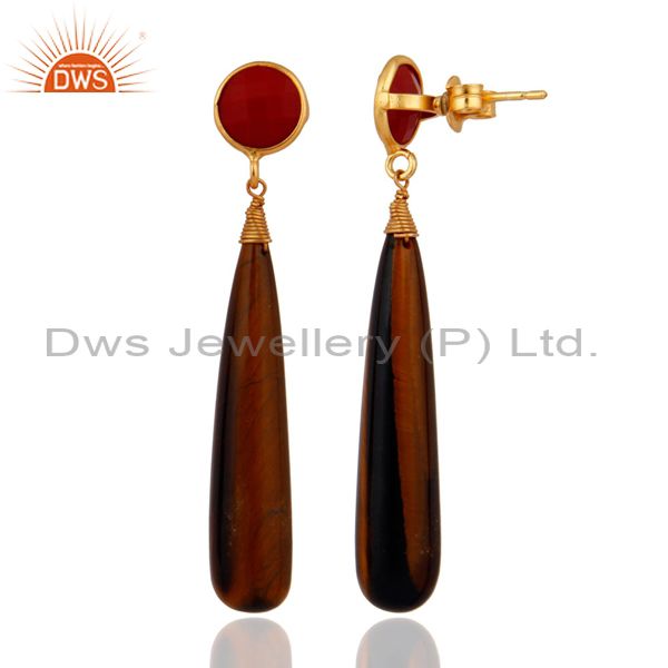Exporter Red Coral And Tiger Eye Teardrop Gemstone Earrings in 18k Gold On 925 Silver