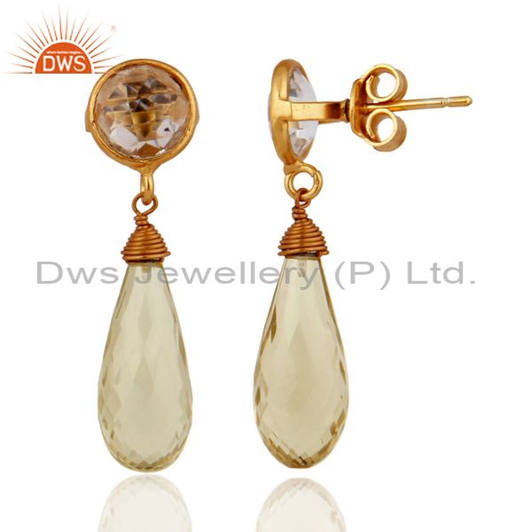 Exporter Natural Crystal Quartz & Lemon Topaz Sterling SIlver Gold Plated Drop Earrings