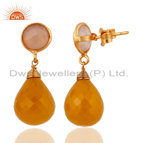 Exporter Gold Plated Yellow Chalcedony Sterling Silver Gemstone Briolette Dangle Earring