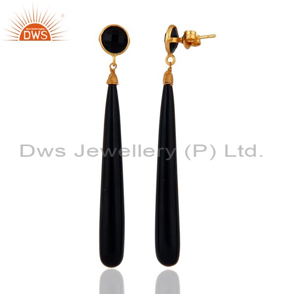 Exporter Handmade Natural Black Onyx Tear Drop 925 Sterling Silver Gold Plated Earrings