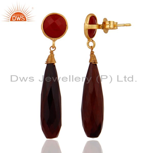 Exporter Yellow Gold Plated 925 Sterling SIlver Tiger Eye & Coral Drop Dangle Earrings