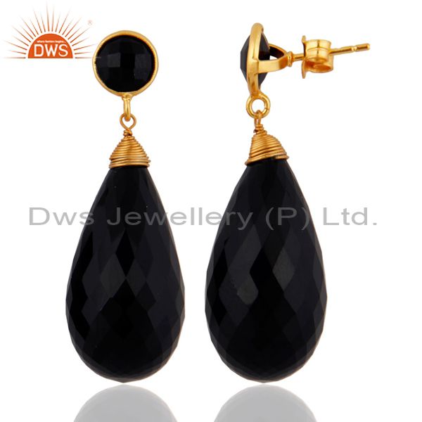 Exporter 18k Gold Over 925 Sterling Silver Black Onyx Faceted Briolette Dangle Earrings
