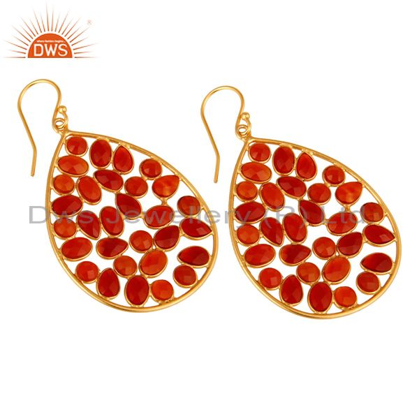 Exporter 14K Yellow Gold Plated Sterling Silver Red Onyx Designer Drop Dangle Earrings
