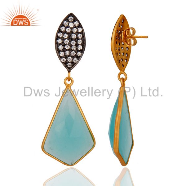 Exporter 18k Gold Over Sterling Silver Handcrafted Glass Aqua CZ-Set Drop Post Earrings