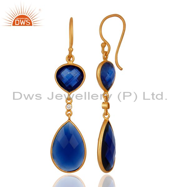 Exporter Handmade 925 Sterling Silver Blue Corundum Earring With 18k Gold Plated Jewelry