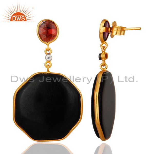 Exporter 18 K Gold Over 925 Sterling Silver Hexagon Black Onyx Dangle Earrings