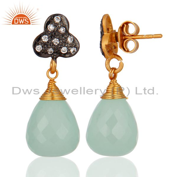 Exporter Natural Chalcedony Gemstone 925 Sterling Silver Drop Dangle Earrings With White