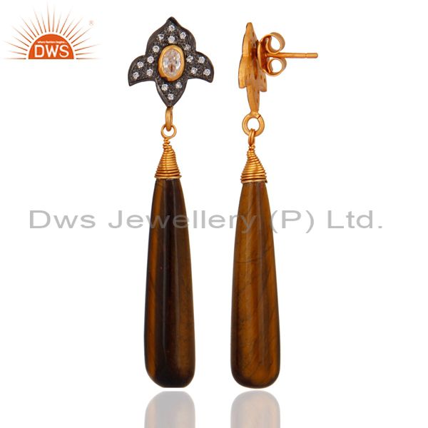Exporter Tiger Eye Smooth Pencil Gemstone 925 Sterling Silver Stunning CZ Drop Earrings