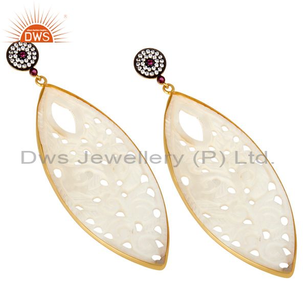 Exporter 18K Yellow Gold Plated Sterling Silver Carved Mother Of Pearl Dangle Earrings