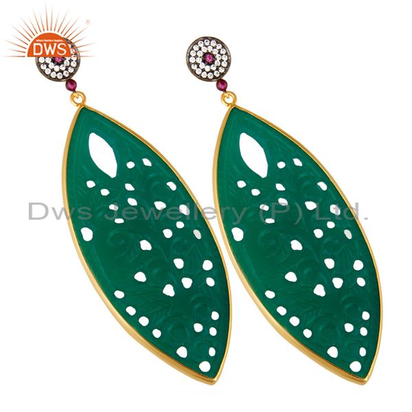 Exporter 14K Yellow Gold Plated Sterling Silver Carved Green Onyx Dangle Earrings With CZ