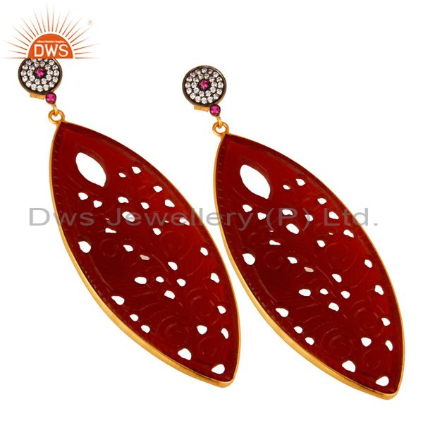 Exporter 18K Gold On Silver CZ And Red Onyx Gemstone Carving Bezel Set Dangle Earrings