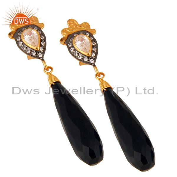 Exporter Black Tiger Eye and Cubic Zirconia 18K Gold Plated Sterling Silver Earring