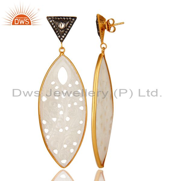 Exporter 18K Gold Over Silver Mother Of Pearl Carved Bezel Set Dangle Earrings With CZ