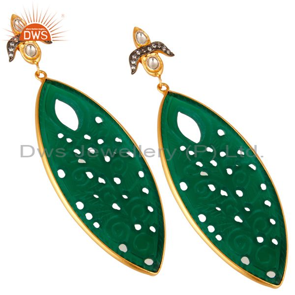 Exporter 18K Gold Over Silver Green Onyx Gemstone Carving Bezel Set Dangle Earrings