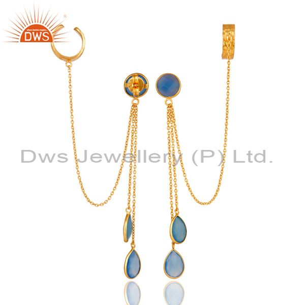 Exporter 18K Yellow Gold Plated Sterling Silver Blue Chalcedony Chain Ear Cuff Earrings