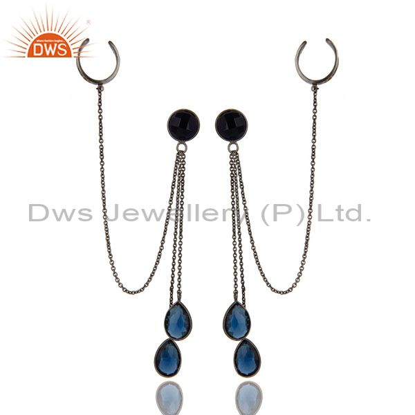 Exporter Oxidized Sterling Silver Blue Corundum Gemstone Chain Fashion Ear Cuff Earrings