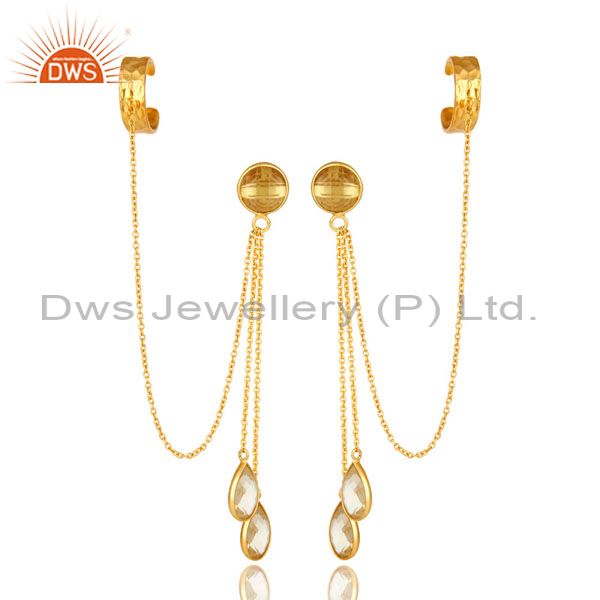 Exporter 18K Yellow Gold Plated Sterling Silver Citrine Gemstone Chain Ear Cuff Earrings