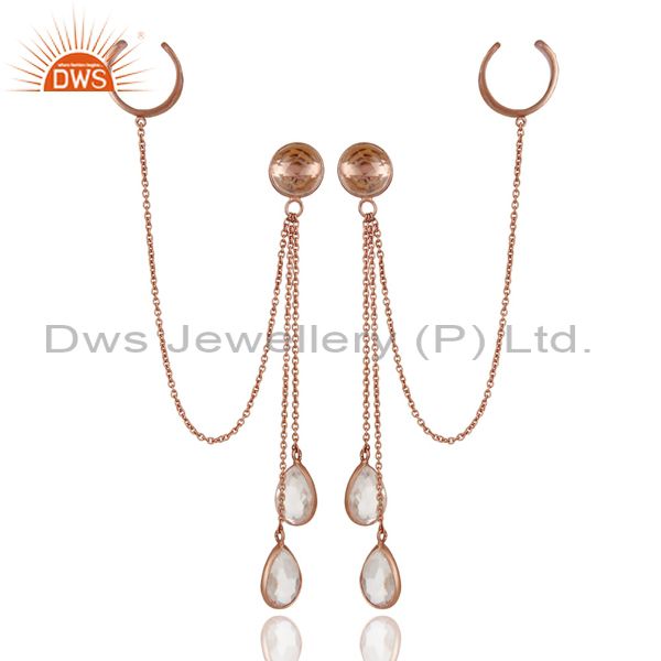 Exporter 18K Rose Gold Plated Sterling Silver Crystal Quartz Chain Ear Cuff Earrings