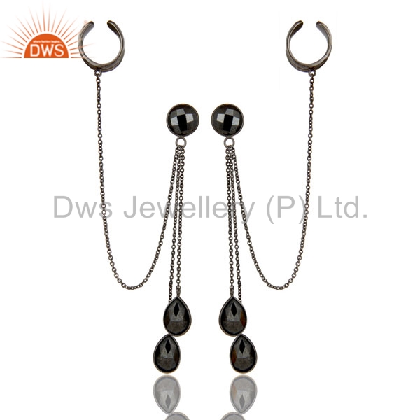 Exporter Oxidized Sterling Silver Hematite Gemstone Fashion Chain Ear Cuff Earrings